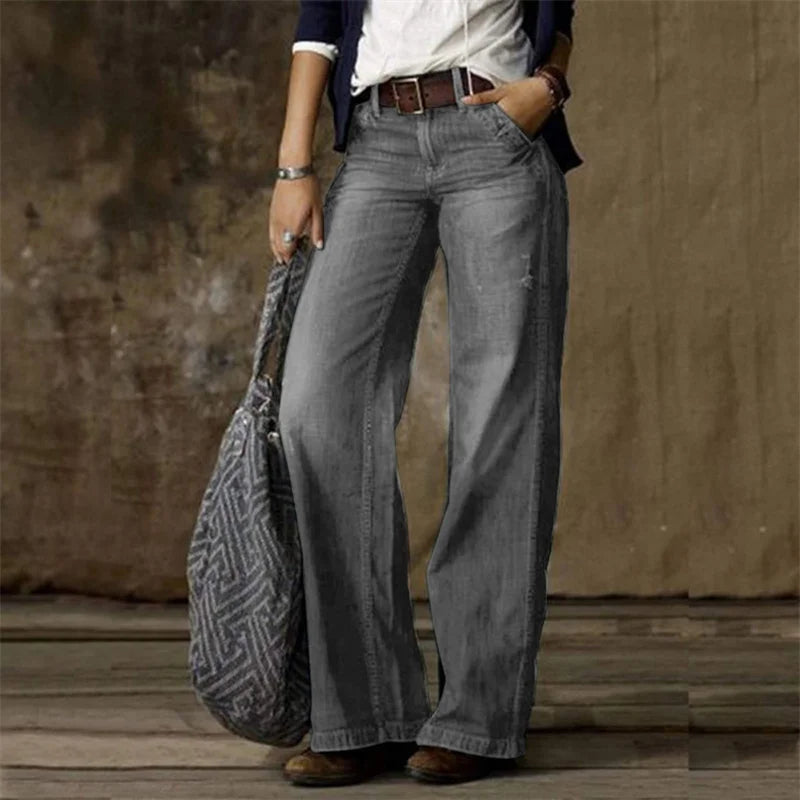 New Women's Vintage Style Loose Jeans Fashion Mid Waist Denim Wide Leg Pants