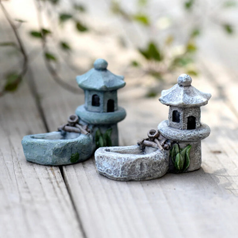 Mini Retro Pond Tower Resin Craft Fairy Garden Decor Figurines Toys DIY Miniatures Terrarium Micro Landscape Home Ornaments