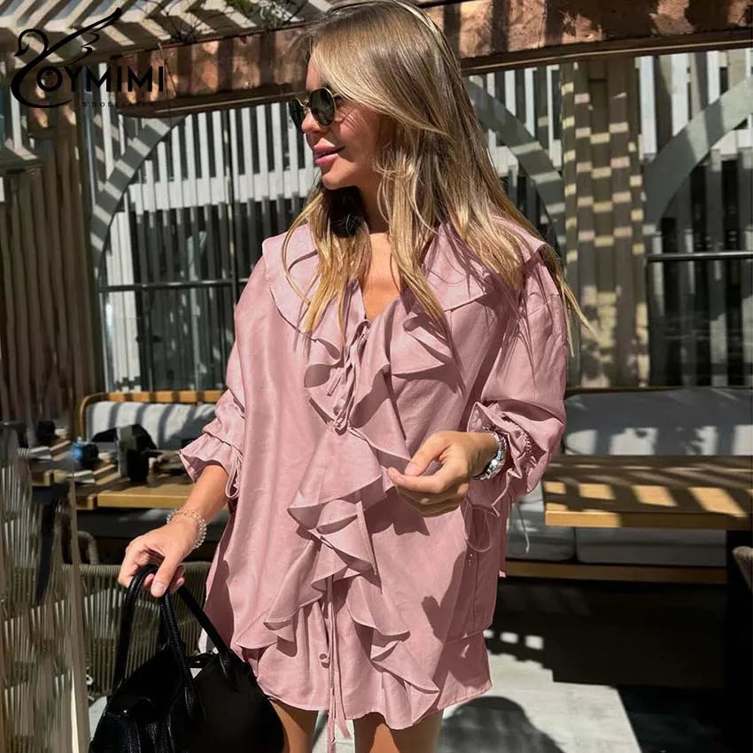 Oymimi Fashion Pink Two Piece Set For Women Elegant Ruffled Lace-Up Long Sleeve Shirts And High Waisted Simple Shorts Female Set