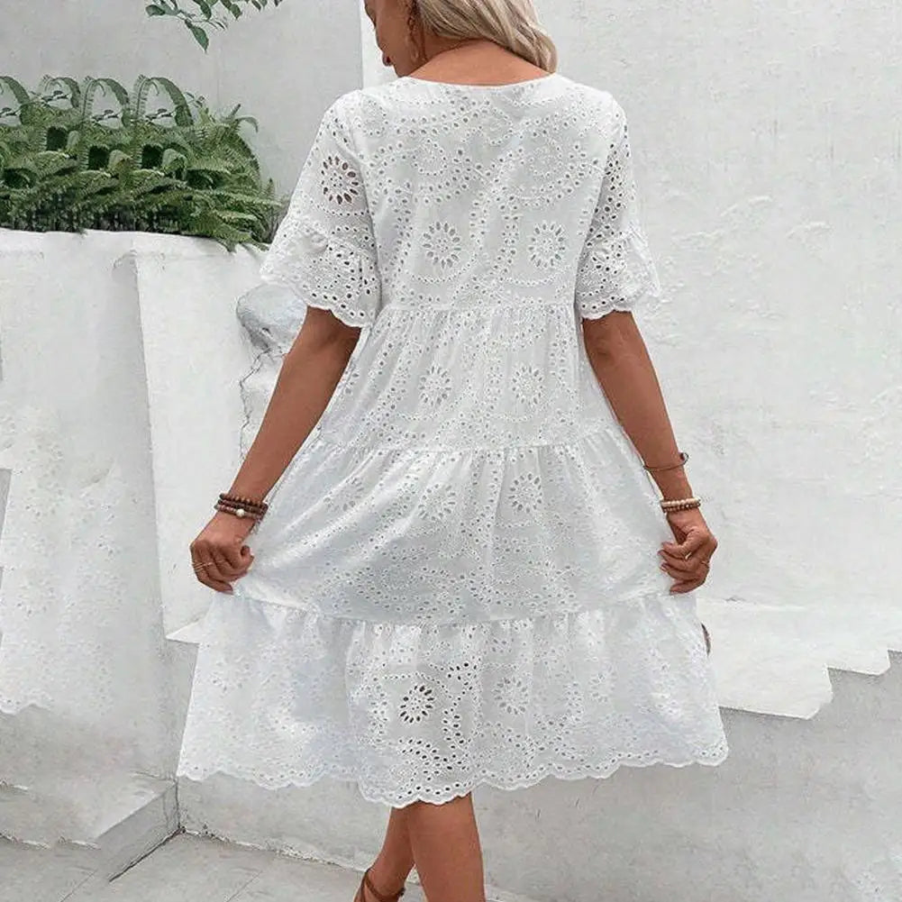 Women's Long Simple Casual Solid Hollow Out Pure Cotton Holiday Style High Waist Fashion Mid-Calf Summer Dresses NEW Vestidos