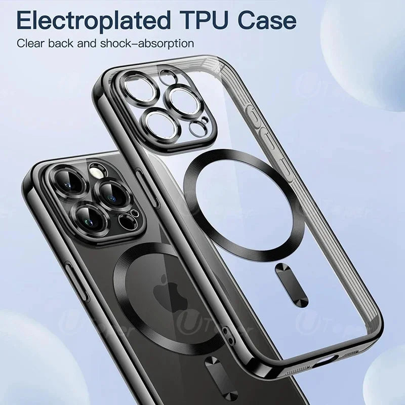 Luxury Plating Soft Case For iPhone 15 14 Pro Max 15 13 12 11 Plus Magnetic Wireless Charging Clear Back Cover