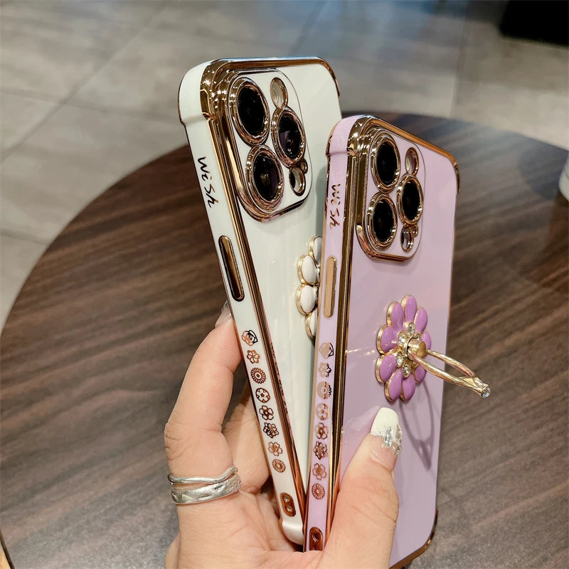 Luxury Plating Fashion Flash Holder Stand Phone Case For iPhone 11 12 13 14 15 16 Pro Max Soft Bumper Protector On 14 Plus Cover