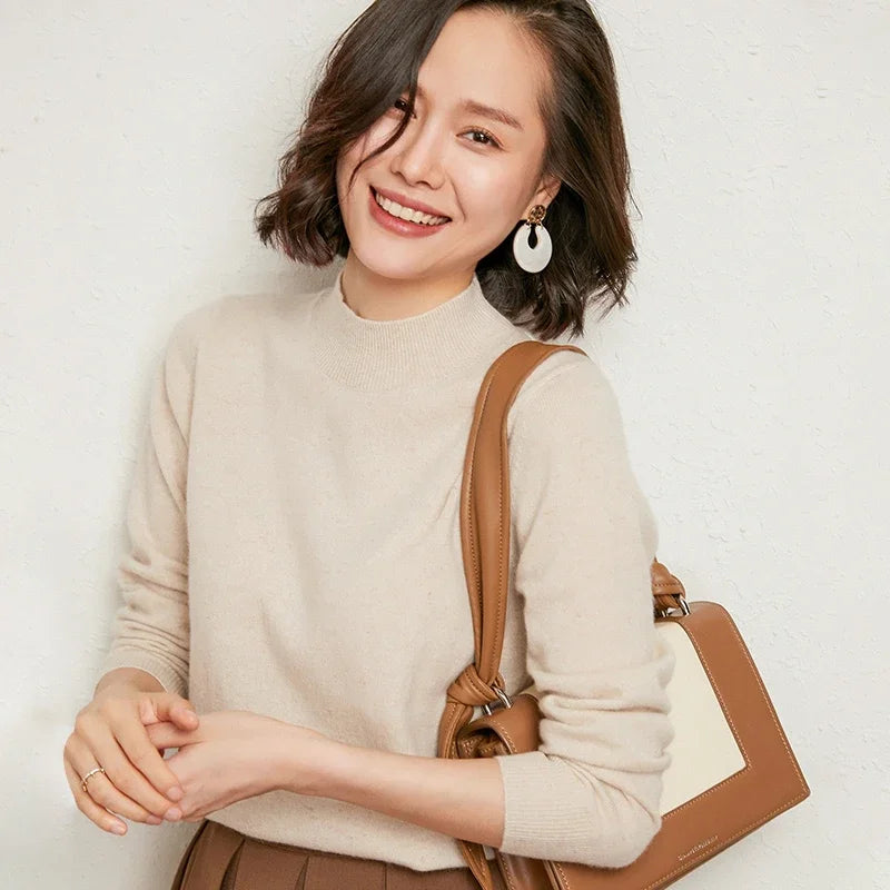 Casual Spring Autumn Women Sweater 2024 Knitted Pullovers Mock Neck Solid Cashmere Knit