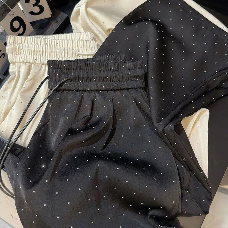 Lucyever High Quality Luxury Full Rhinestone Straight Pants Women Fashion High Waist Loose Wide Leg Trousers Solid Casual Pants