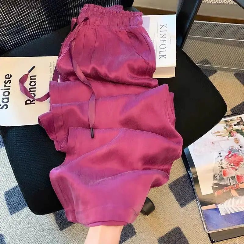 Acetic Acid Ice Silk Wide Leg Pants 2025 New Summer Thin Satin Casual Pants Women's High Waisted Straight Leg Pants Long Trouser