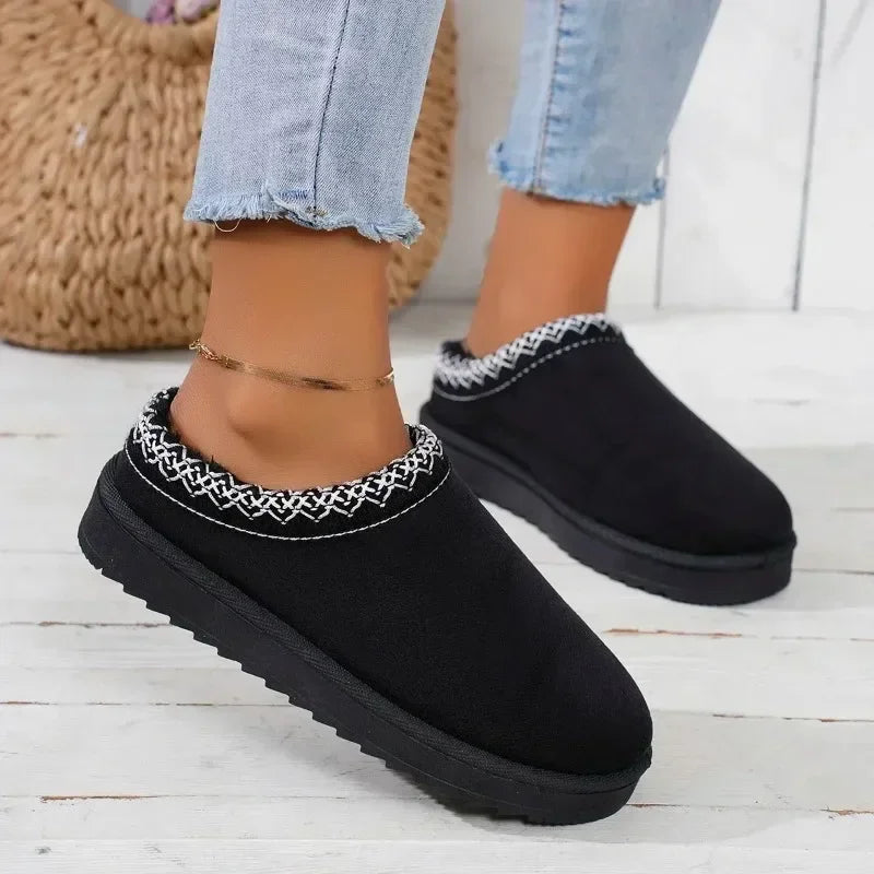 New Snow Boots Women Winter Cashmere Warm Thick Soles Without Heel-covered Hair Half Slipper Cotton Shoes Cashmere Warm Boots