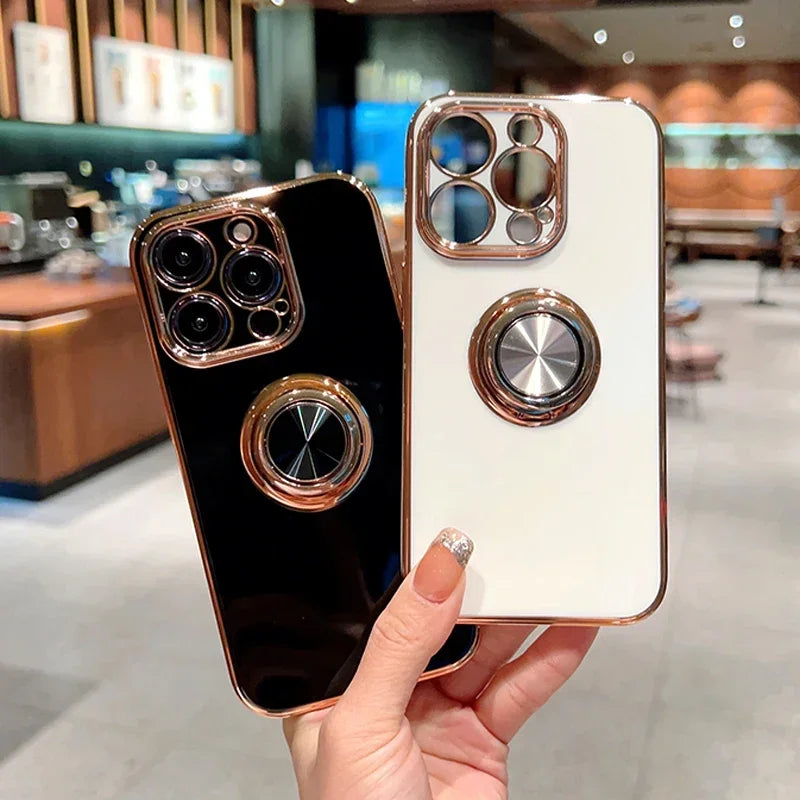 Luxury Magnetic Plating Silicone Case For iPhone 16 15 14 13 12 11 Pro Max Cover With Ring Holder