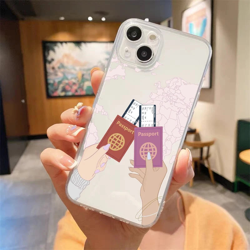 Fashion Planes World Map Travel Luxury Transparent Phone Case For iPhone 15 14 13 12 mini 11 Pro Max Cover