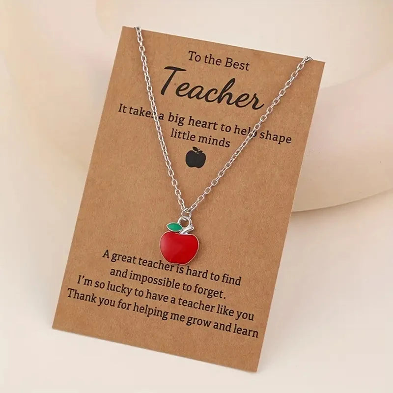 2025 New Fashion Enamel Red Apple Pendant Necklace With Inspirational Card Teacher Day Jewelry Gifts