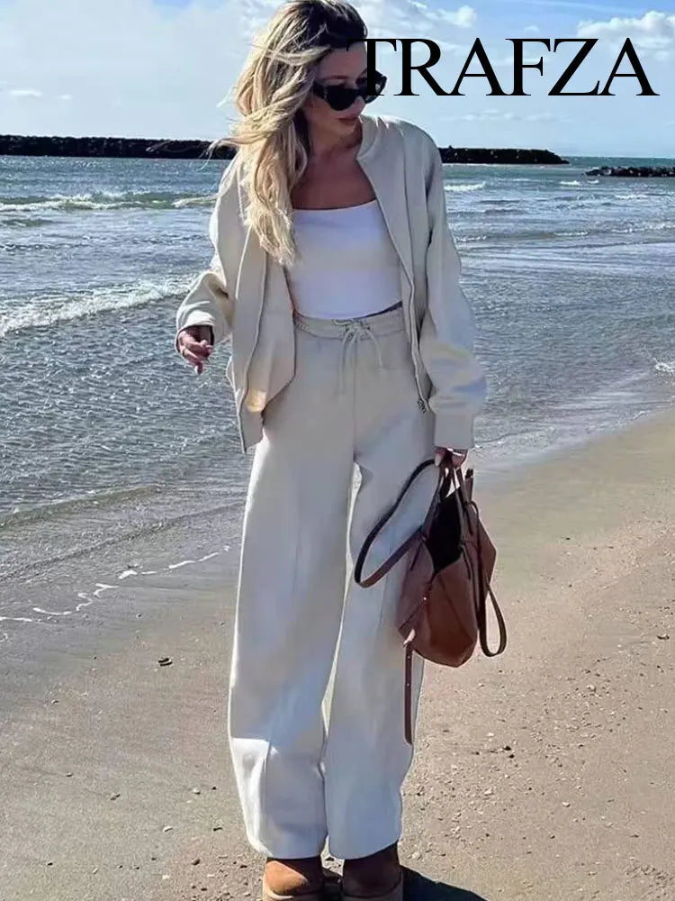 TRAFZA Women's Fall 2-Piece Retro Solid Color Zip Bomber Jacket Sweatshirt+High Waist Lace Up Women's Wide Leg Pants Street Wear