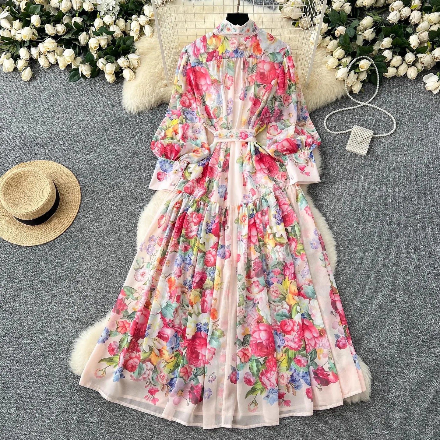 2025 Summer Holiday Chiffon Gorgeous Flower Maxi Dress Women's Stand Long Lantern Sleeve Sashes Floral Print Loose Robe Vestidos