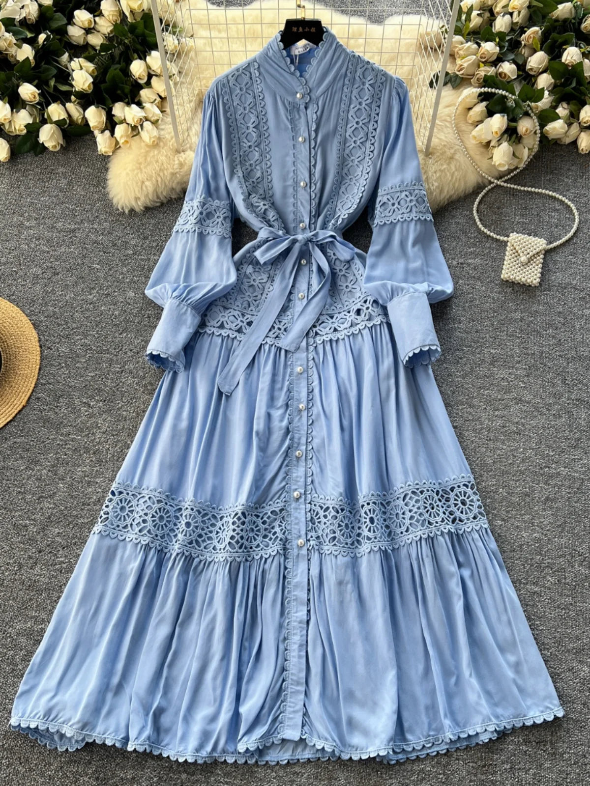 Women Lace Patchwork Pearl Button Single Breast Belt A Line Loose Party Vestidos