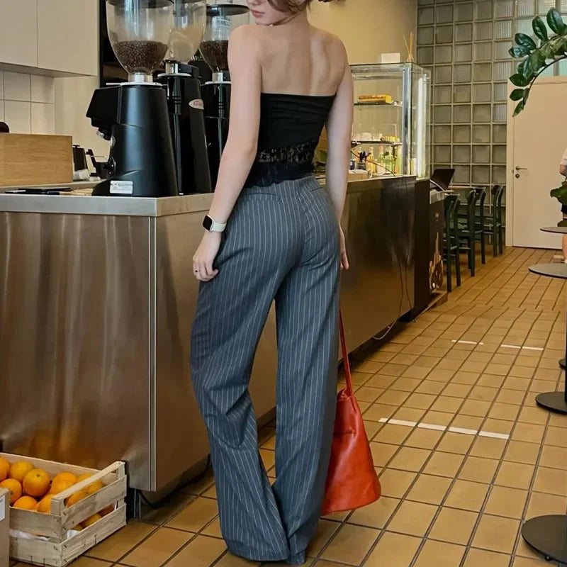 ASDS Women's Formal Pants Office Wear Women Striped Grey Black Pants Woman High Waist Baggy Suit Pants Casual Wide Leg Trousers