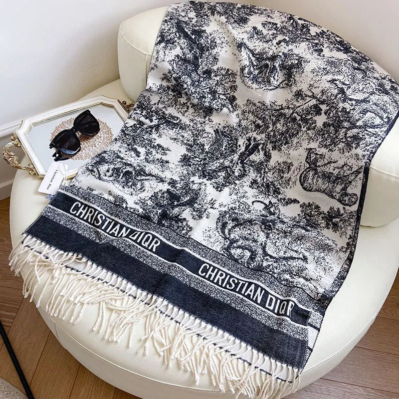 2024 Women's New Scarf Ink Color Printing Black border Shawl with White Tassels Winter Outdoor Warm Muslim Female Pashmina