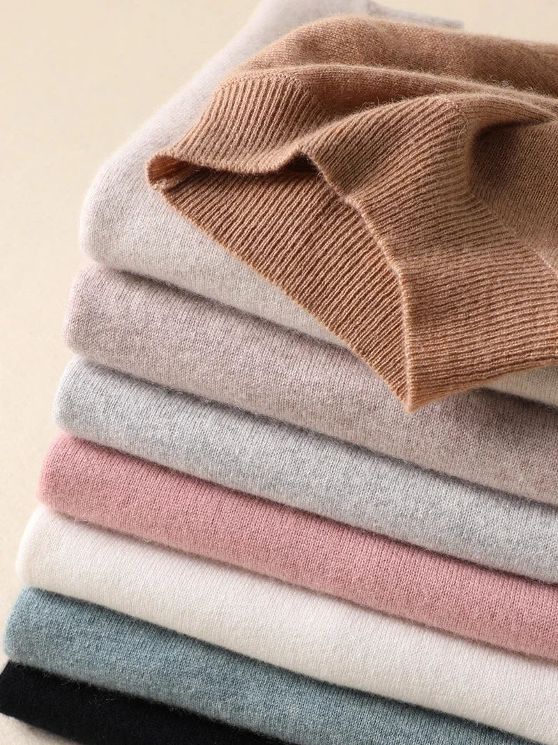 Casual Spring Autumn Women Sweater 2024 Knitted Pullovers Mock Neck Solid Cashmere Knit