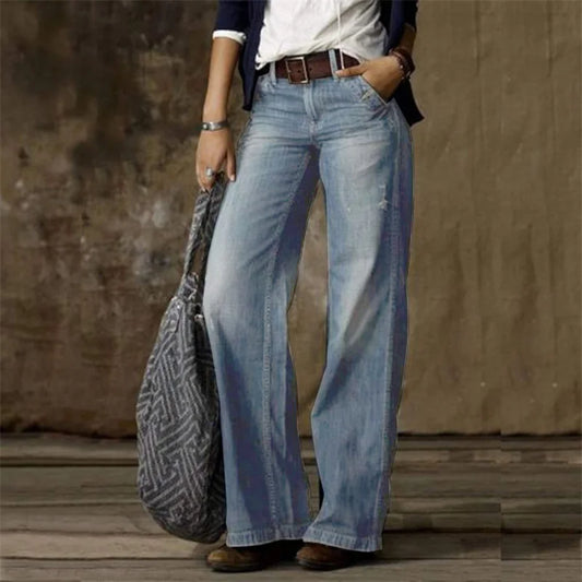 New Women's Vintage Style Loose Jeans Fashion Mid Waist Denim Wide Leg Pants