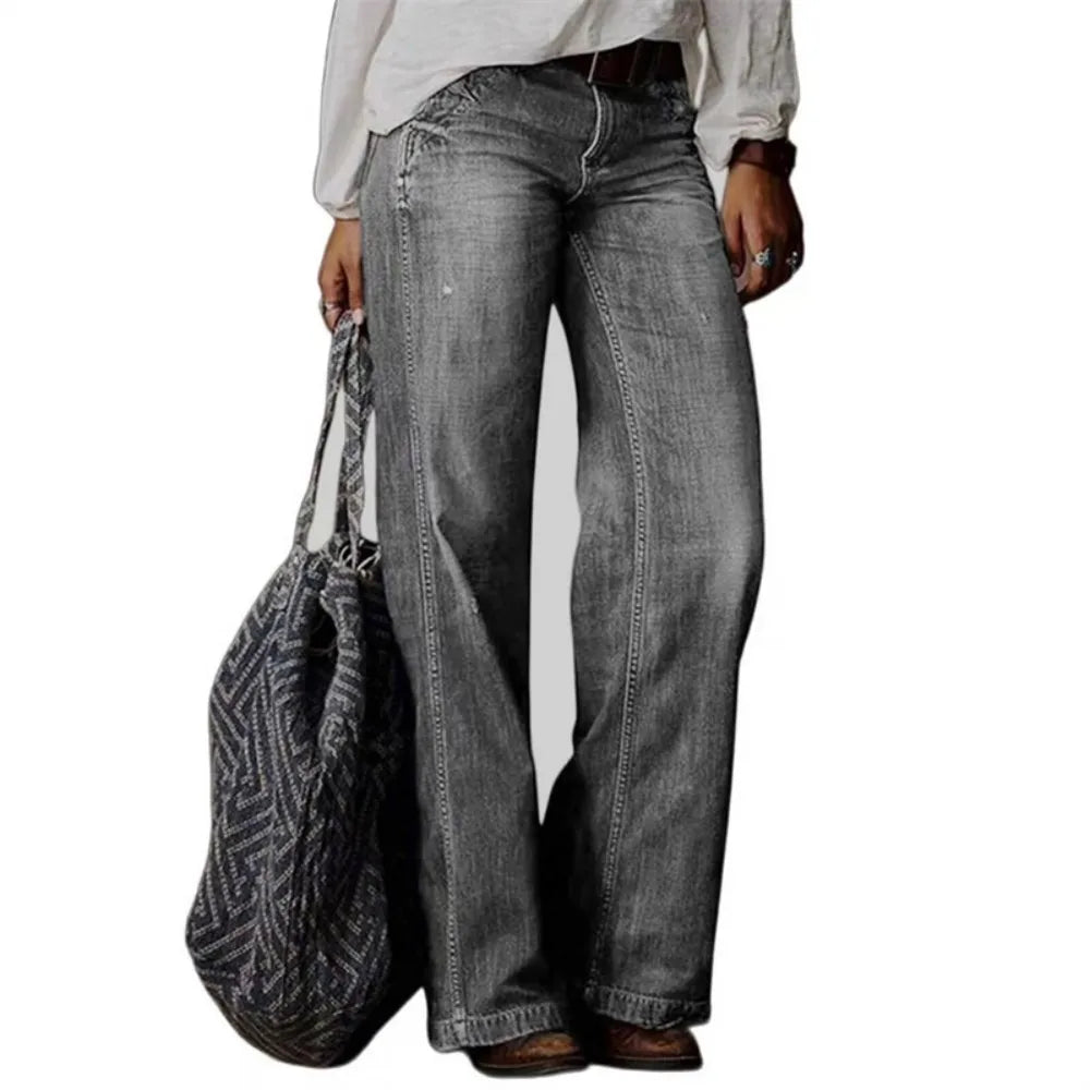 New Women's Vintage Style Loose Jeans Fashion Mid Waist Denim Wide Leg Pants