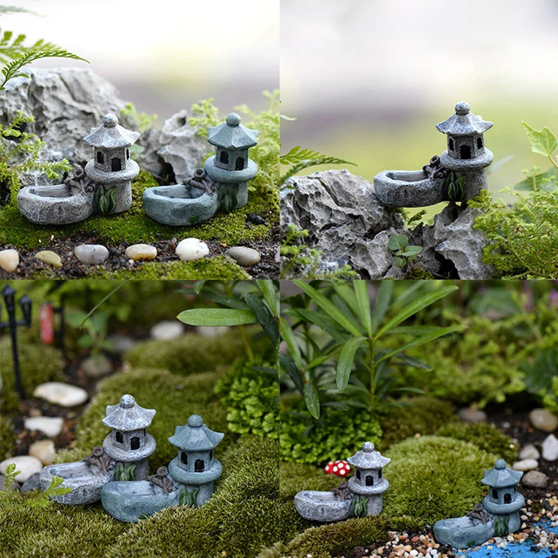 Mini Retro Pond Tower Resin Craft Fairy Garden Decor Figurines Toys DIY Miniatures Terrarium Micro Landscape Home Ornaments