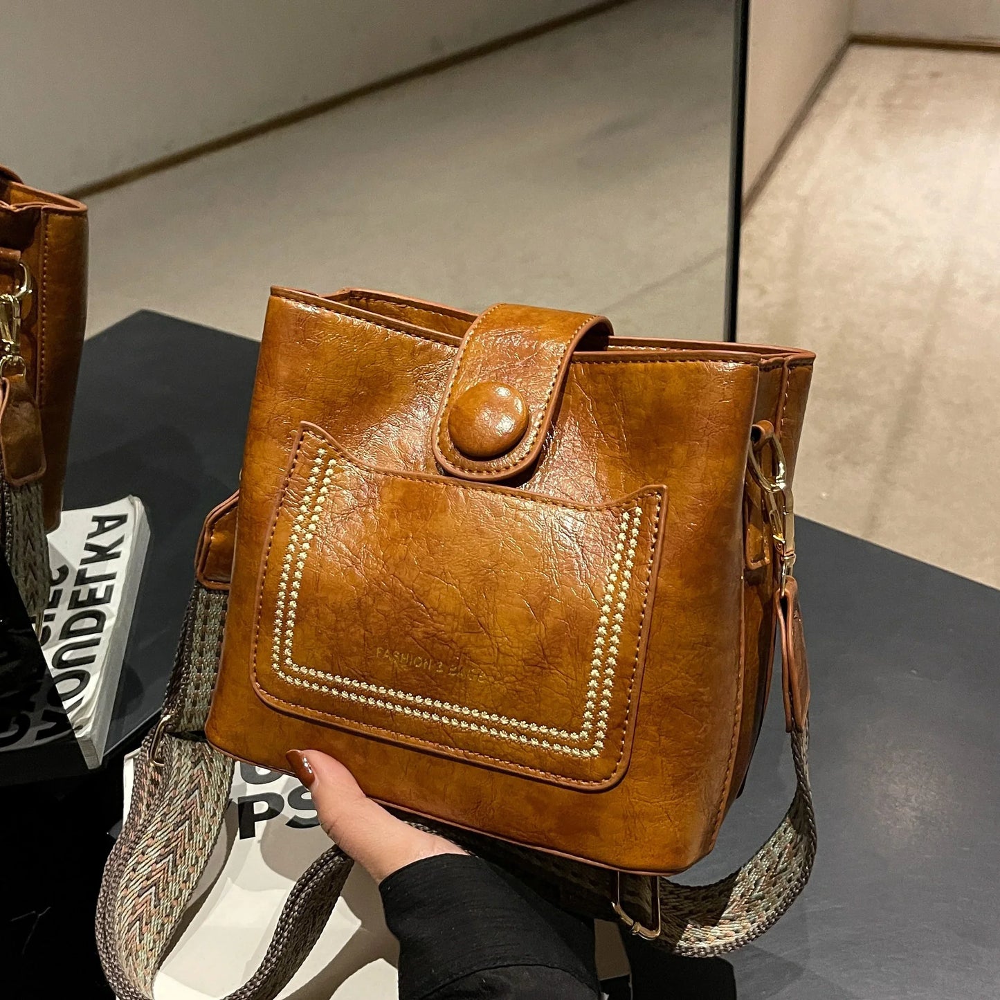 Vintage Leather Bucket Crossbody Bags for Women