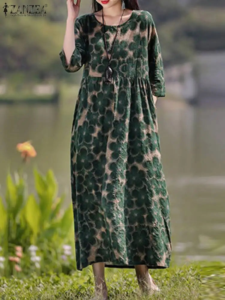 Women Floral Printed Loose Casual Midi Dress