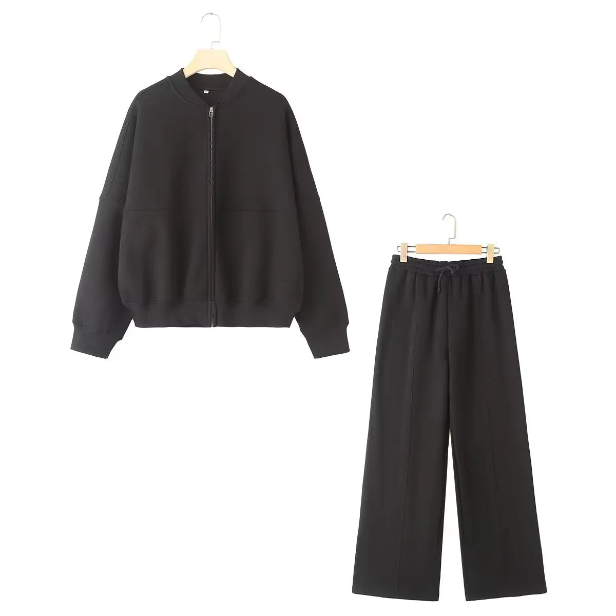 TRAFZA Women's Fall 2-Piece Retro Solid Color Zip Bomber Jacket Sweatshirt+High Waist Lace Up Women's Wide Leg Pants Street Wear