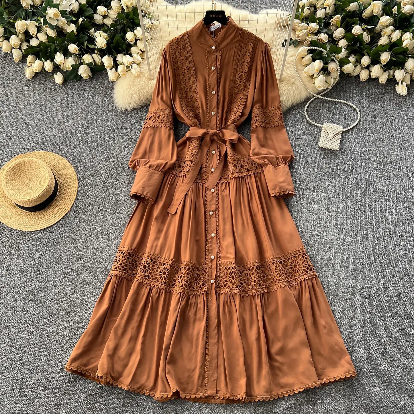Women Lace Patchwork Pearl Button Single Breast Belt A Line Loose Party Vestidos