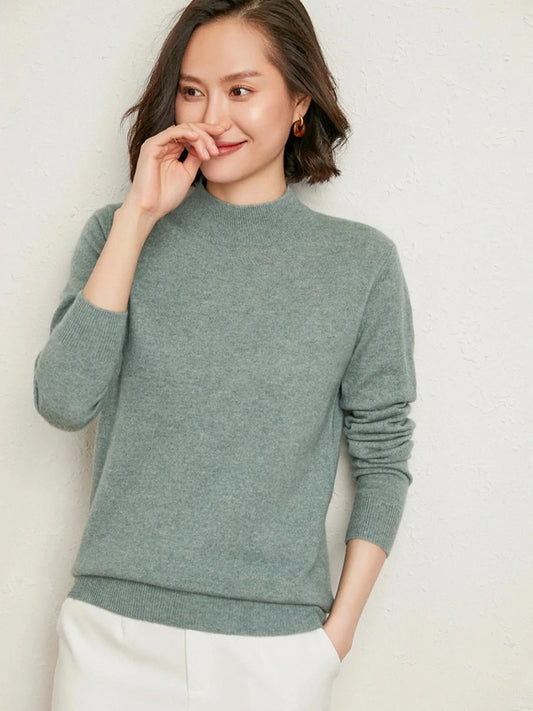Casual Spring Autumn Women Sweater 2024 Knitted Pullovers Mock Neck Solid Cashmere Knit