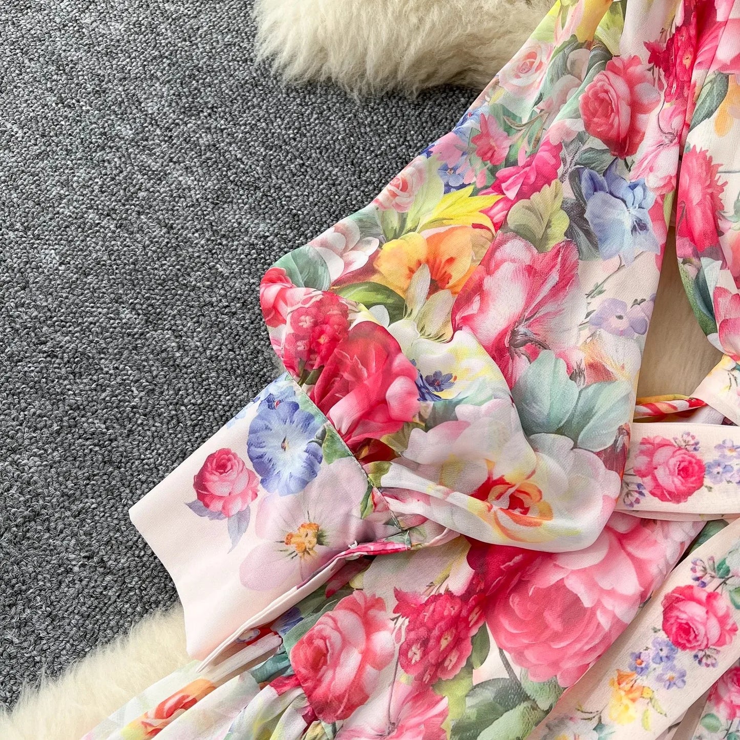 2025 Summer Holiday Chiffon Gorgeous Flower Maxi Dress Women's Stand Long Lantern Sleeve Sashes Floral Print Loose Robe Vestidos