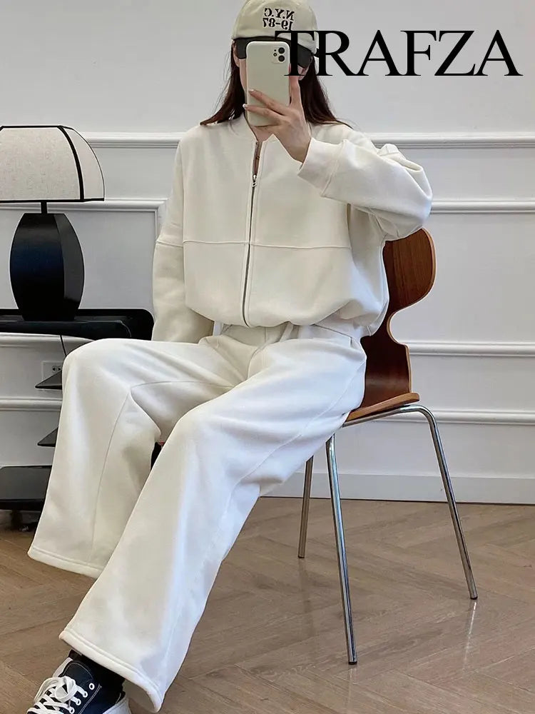 TRAFZA Women's Fall 2-Piece Retro Solid Color Zip Bomber Jacket Sweatshirt+High Waist Lace Up Women's Wide Leg Pants Street Wear