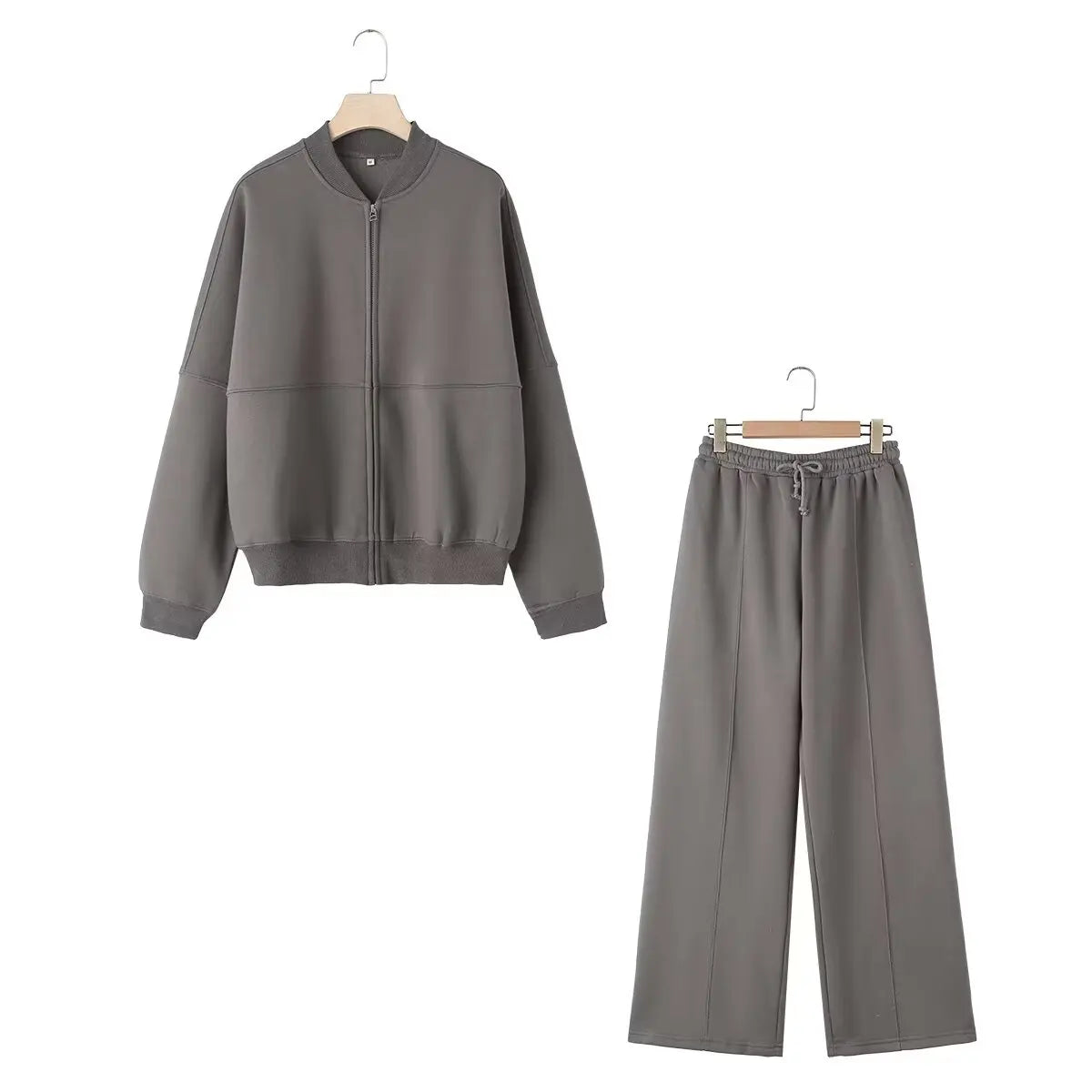 TRAFZA Women's Fall 2-Piece Retro Solid Color Zip Bomber Jacket Sweatshirt+High Waist Lace Up Women's Wide Leg Pants Street Wear