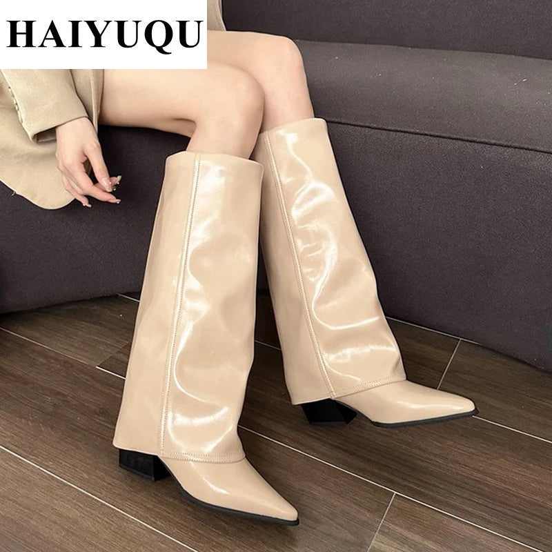 Knee High Heels Women Boots Leather