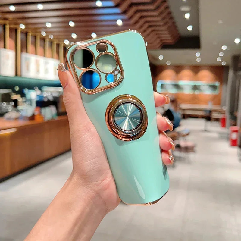 Luxury Magnetic Plating Silicone Case For iPhone 16 15 14 13 12 11 Pro Max  Cover With Ring Holder