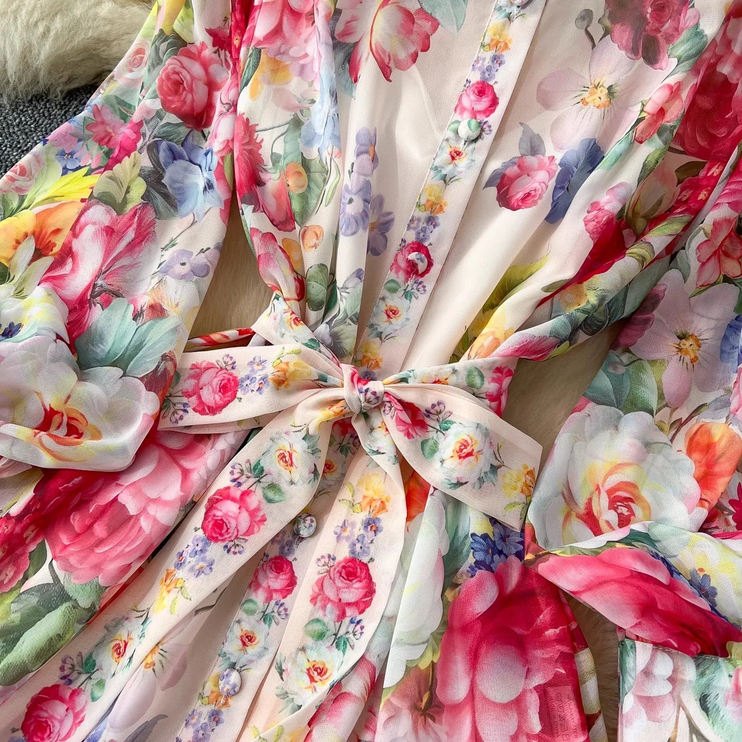 2025 Summer Holiday Chiffon Gorgeous Flower Maxi Dress Women's Stand Long Lantern Sleeve Sashes Floral Print Loose Robe Vestidos