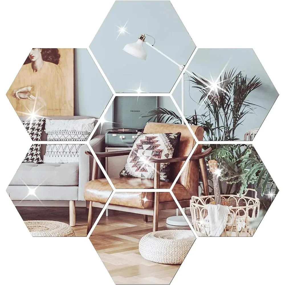 12pcs 3D Mirror Wall Sticker Hexagon Decal Home Decor DIY Self-adhesive Mirror Decor Stickers Art Wall Decoration Large