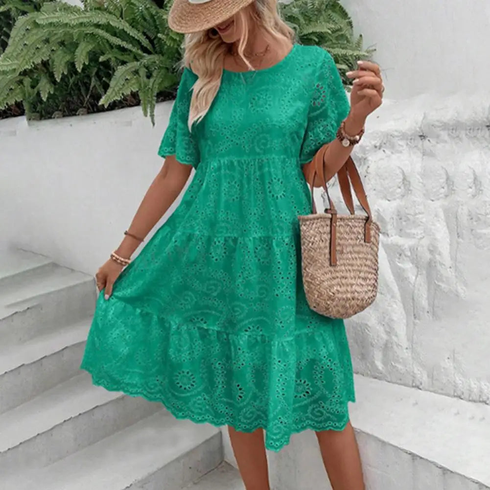 Women's Long Simple Casual Solid Hollow Out Pure Cotton Holiday Style High Waist Fashion Mid-Calf Summer Dresses NEW Vestidos
