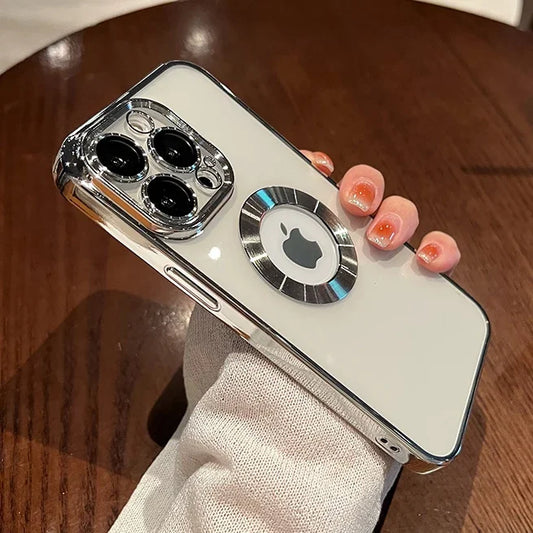 Luxury Plating Charm Logo Hole Hollow Case For iPhone15 14 13 11 12 Pro Soft Transparent Shockproof Cover