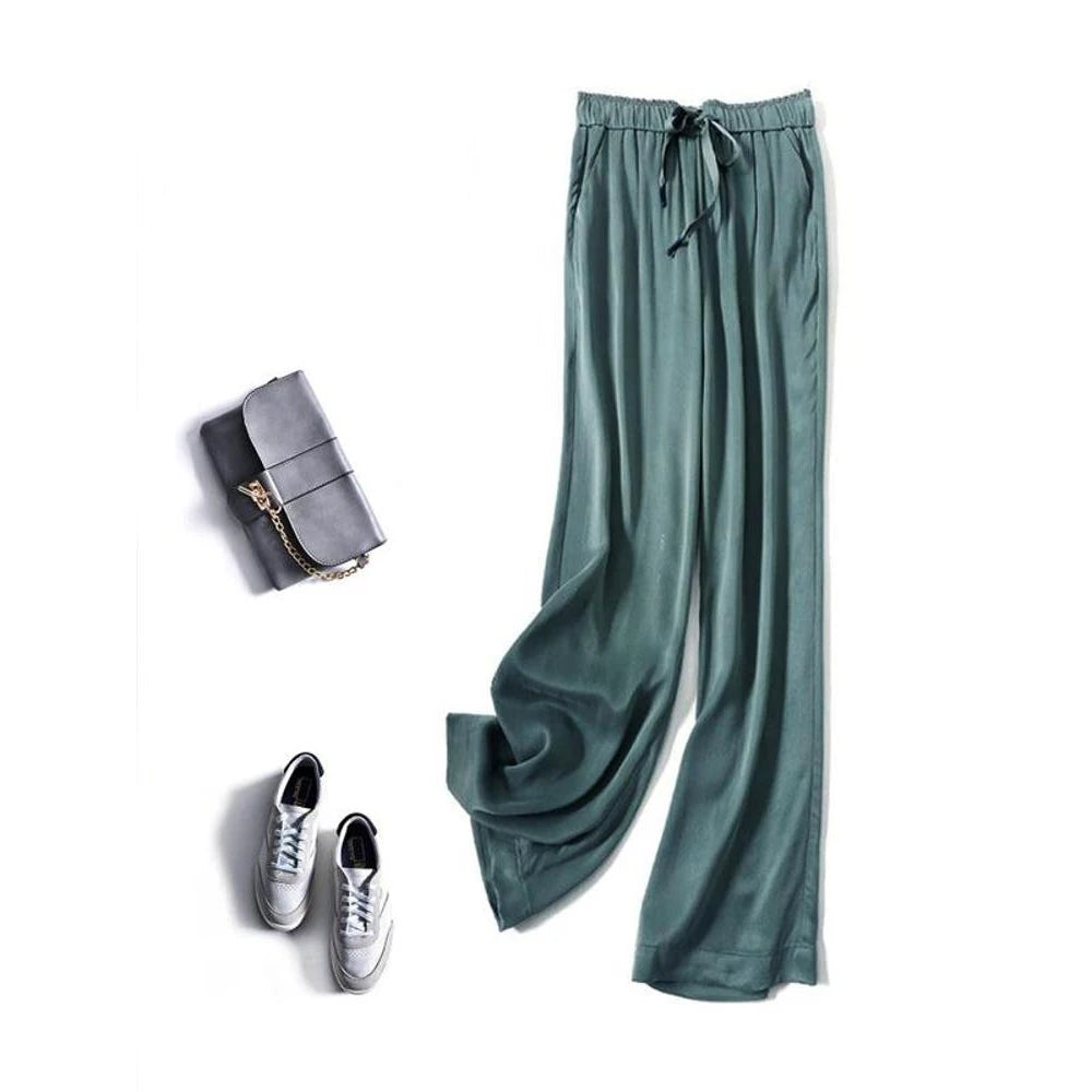 Acetic Acid Ice Silk Wide Leg Pants 2025 New Summer Thin Satin Casual Pants Women's High Waisted Straight Leg Pants Long Trouser