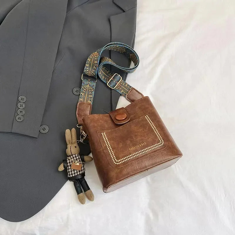 Vintage Leather Bucket Crossbody Bags for Women