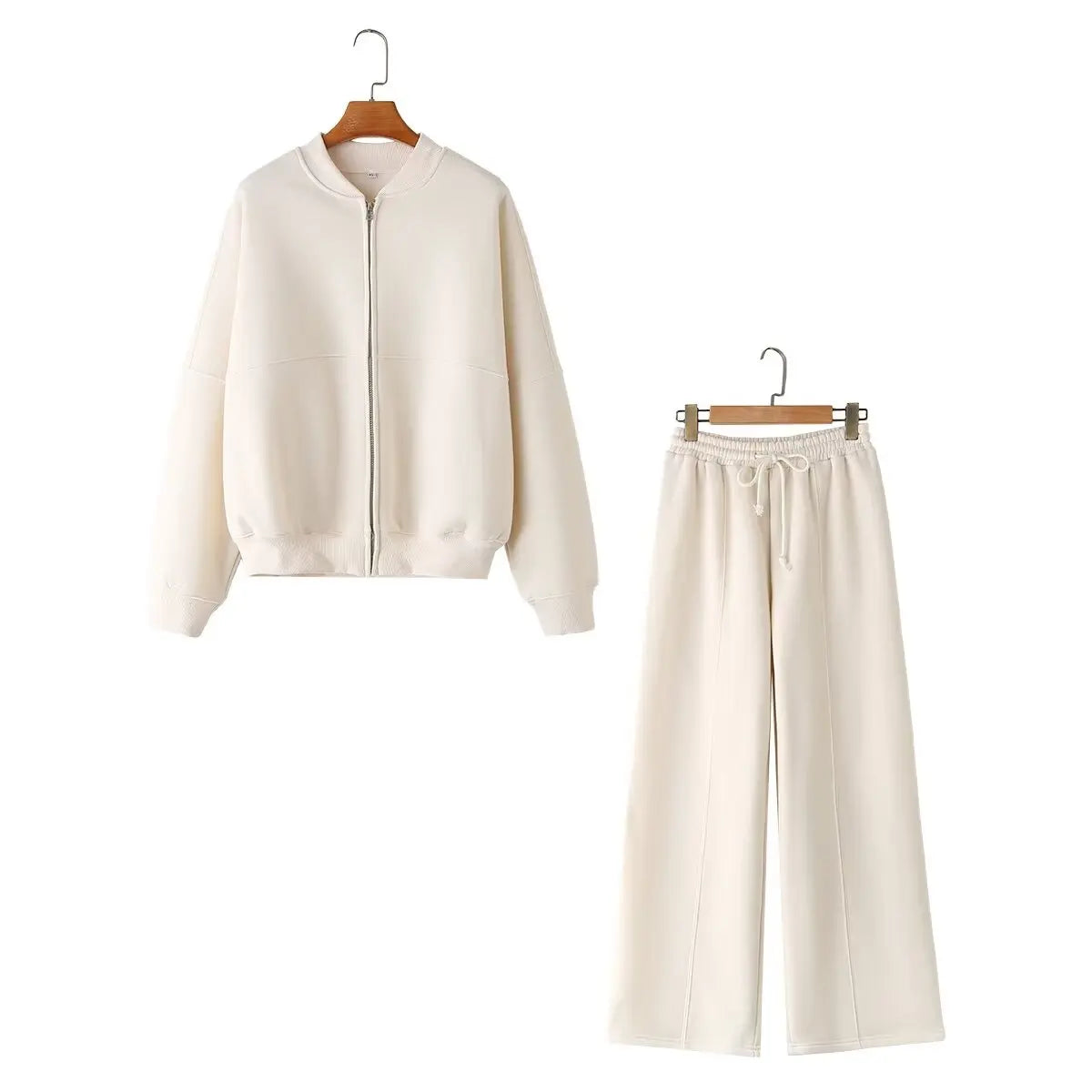 TRAFZA Women's Fall 2-Piece Retro Solid Color Zip Bomber Jacket Sweatshirt+High Waist Lace Up Women's Wide Leg Pants Street Wear