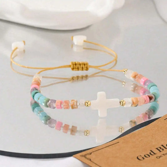 1 Pc Sweet Cross Heart Beaded Vintage Natural Stone Braided Multicolor Bracelet Women Best Friend Date Party Daily Gifts
