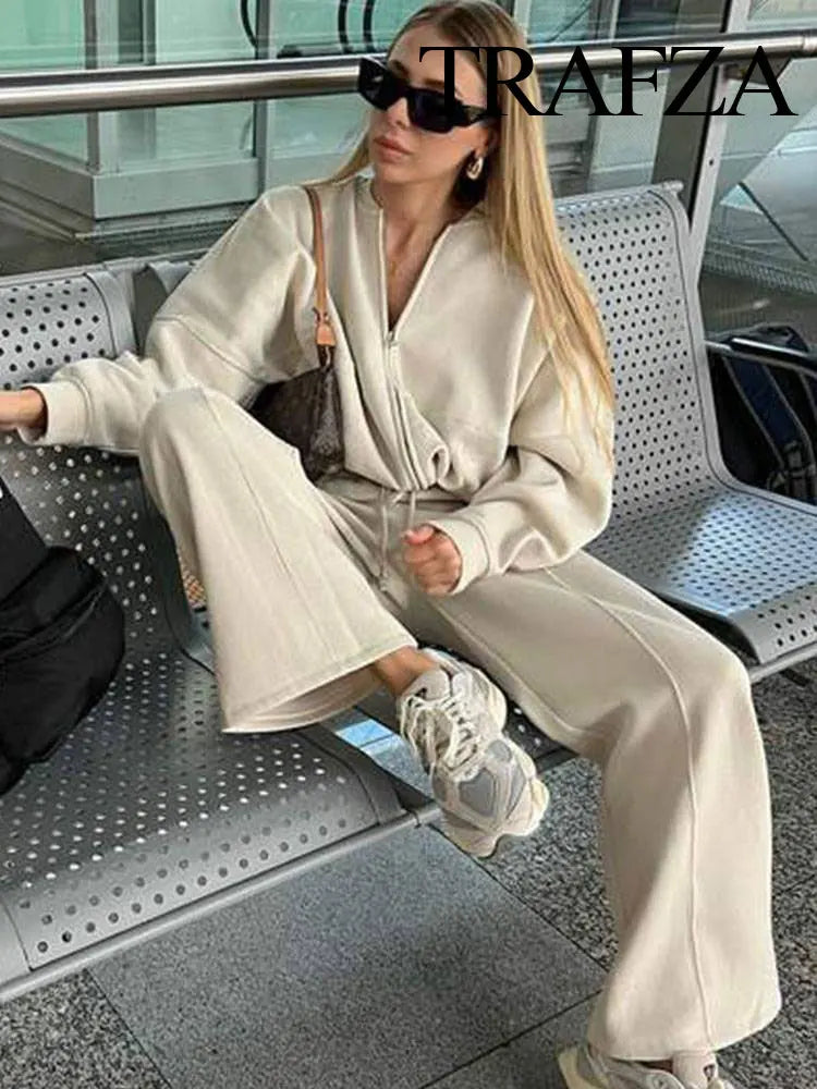 TRAFZA Women's Fall 2-Piece Retro Solid Color Zip Bomber Jacket Sweatshirt+High Waist Lace Up Women's Wide Leg Pants Street Wear