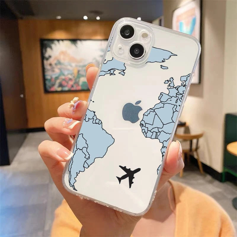 Fashion Planes World Map Travel Luxury Transparent Phone Case For iPhone 15 14 13 12 mini 11 Pro Max  Cover