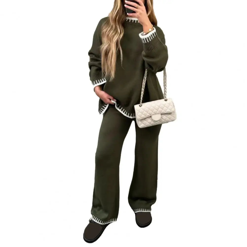 Two Piece Set Women Knit Sweater Wide Leg Pants Set Pullover Tops Elastic High Waist Straight Pants Lounge Wear Striped Tracksui
