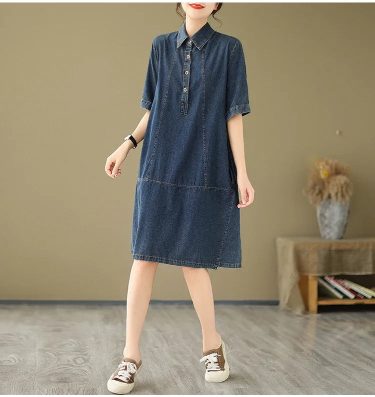 Woman Dress Vestidos Robe Elbise Loose Plus Size Fashion Polo Short Sleeve Denim Dresses