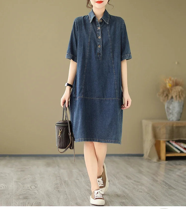 Woman Dress Vestidos Robe Elbise Loose Plus Size Fashion Polo Short Sleeve Denim Dresses