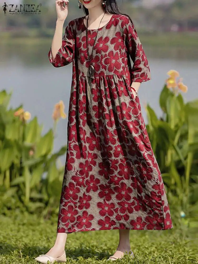Women Floral Printed Loose Casual Midi Dress