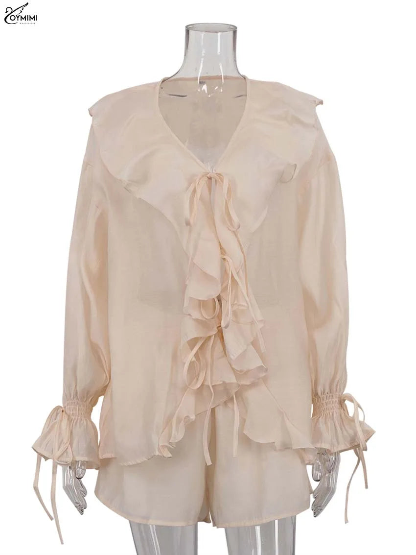 Oymimi Fashion Pink Two Piece Set For Women Elegant Ruffled Lace-Up Long Sleeve Shirts And High Waisted Simple Shorts Female Set