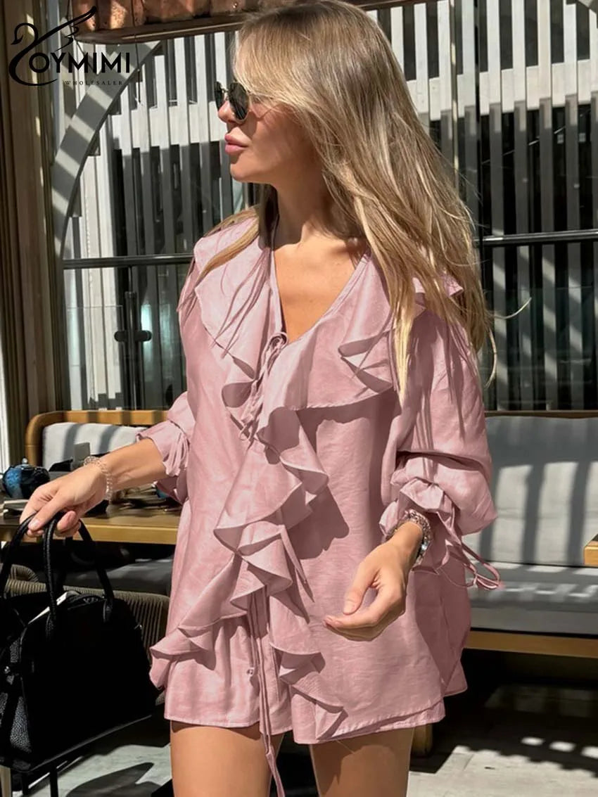 Oymimi Fashion Pink Two Piece Set For Women Elegant Ruffled Lace-Up Long Sleeve Shirts And High Waisted Simple Shorts Female Set