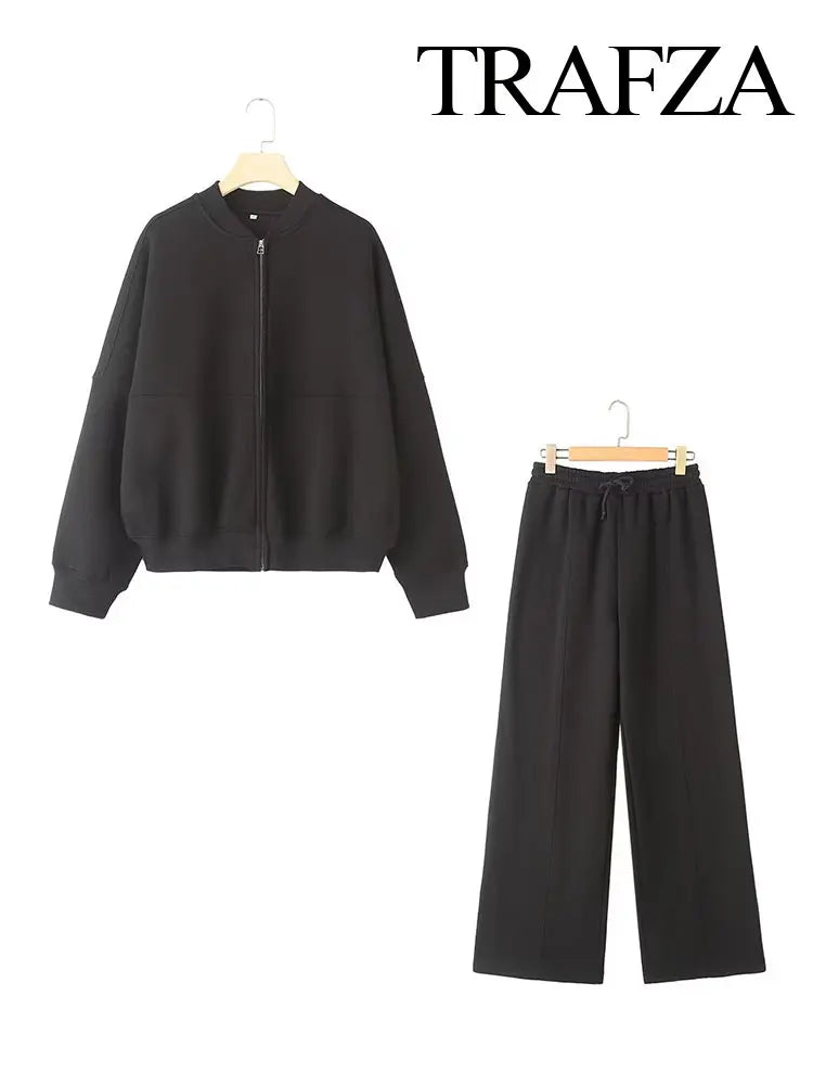 TRAFZA Women's Fall 2-Piece Retro Solid Color Zip Bomber Jacket Sweatshirt+High Waist Lace Up Women's Wide Leg Pants Street Wear