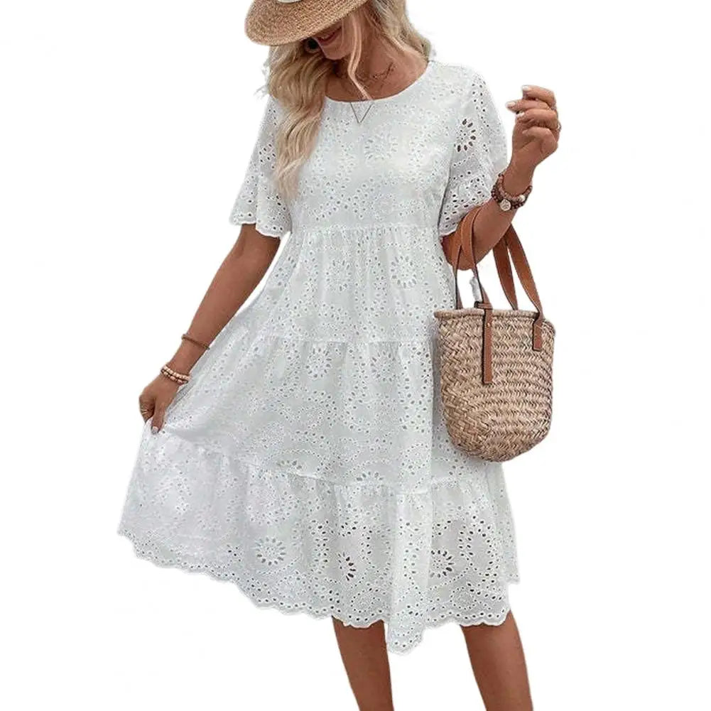 Women's Long Simple Casual Solid Hollow Out Pure Cotton Holiday Style High Waist Fashion Mid-Calf Summer Dresses NEW Vestidos